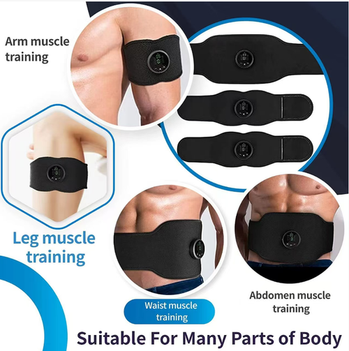 Intelligent EMS fitness belt set, elastic adjustable belt, digital display screen with multiple adjustment levels, USB charging. The set comes with charging cables, spray bottles and other accessories. The fabric is soft and comfortable, providing electrical pulse to assist muscle movement. Suitable for fragmented home workouts. It is only for fitness assistance. It is recommended to start from the lower gear for the first use.