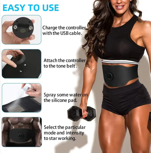 Intelligent EMS fitness belt set, elastic adjustable belt, digital display screen with multiple adjustment levels, USB charging. The set comes with charging cables, spray bottles and other accessories. The fabric is soft and comfortable, providing electrical pulse to assist muscle movement. Suitable for fragmented home workouts. It is only for fitness assistance. It is recommended to start from the lower gear for the first use.