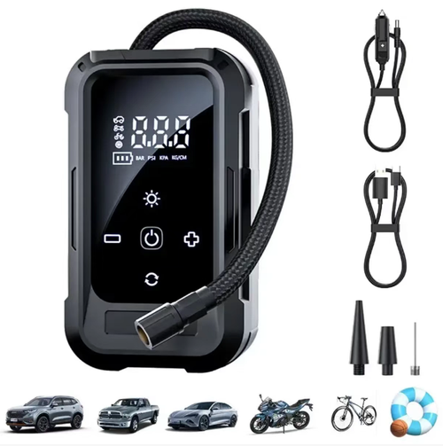 Portable vehicle-mounted wireless inflation pump, with high-definition digital display screen, capable of presetting tire pressure, and automatically stops when fully inflated. Supports dual power supply of lithium battery wireless and vehicle cigarette lighter, comes with a built-in lighting lamp, can be paired with multiple air nozzles, suitable for use in cars, balls, and inflatable products. Comes with a storage bag, suitable for emergency inflation during driving.