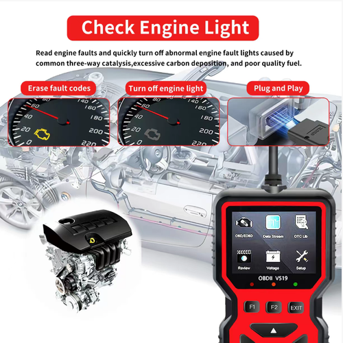 V519 OBD vehicle fault detector, plug-and-play. It can be used directly by connecting to the vehicle's OBD interface. The color screen combined with physical buttons enables the functions of reading and clearing fault codes, viewing data streams, and detecting battery voltage. It is compatible with OBD II protocol for fuel vehicles. The device is portable and suitable for vehicle owners to self-check the basic condition of their vehicles.