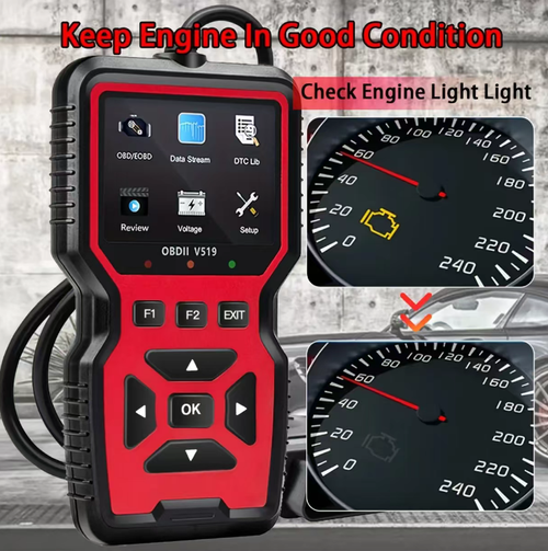 V519 OBD vehicle fault detector, plug-and-play. It can be used directly by connecting to the vehicle's OBD interface. The color screen combined with physical buttons enables the functions of reading and clearing fault codes, viewing data streams, and detecting battery voltage. It is compatible with OBD II protocol for fuel vehicles. The device is portable and suitable for vehicle owners to self-check the basic condition of their vehicles.