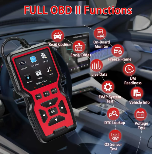 V519 OBD vehicle fault detector, plug-and-play. It can be used directly by connecting to the vehicle's OBD interface. The color screen combined with physical buttons enables the functions of reading and clearing fault codes, viewing data streams, and detecting battery voltage. It is compatible with OBD II protocol for fuel vehicles. The device is portable and suitable for vehicle owners to self-check the basic condition of their vehicles.