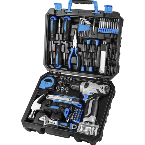 This 128-piece household tool set comes with a rechargeable electric drill and a variety of manual repair tools, including hammers, tape measures, wrenches, socket bits, and other accessories. It is stored in a hard carrying case, with neatly arranged compartments for easy portability. It is suitable for home repair scenarios such as furniture assembly, wall drilling, and door and window maintenance.