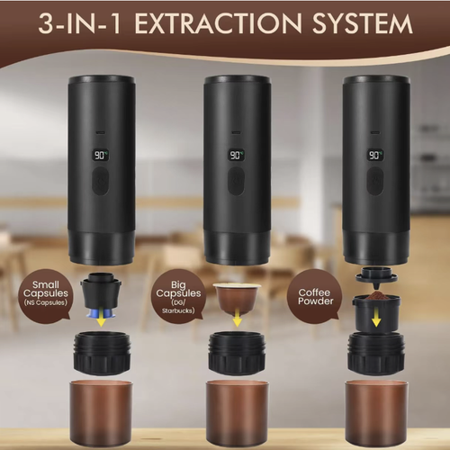This portable wireless capsule coffee machine is equipped with heating and digital display functions. The charging port does not require plugging in. The machine is small in size and can be easily stored. The operation is simple. It is compatible with capsule coffee. It comes with a stand, storage bag and measuring spoon. It is suitable for use in various scenarios such as outdoor camping, vehicle transportation and home. The disassembled structure is convenient for cleaning.