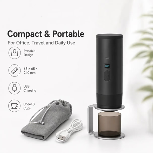 This portable wireless capsule coffee machine is equipped with heating and digital display functions. The charging port does not require plugging in. The machine is small in size and can be easily stored. The operation is simple. It is compatible with capsule coffee. It comes with a stand, storage bag and measuring spoon. It is suitable for use in various scenarios such as outdoor camping, vehicle transportation and home. The disassembled structure is convenient for cleaning.