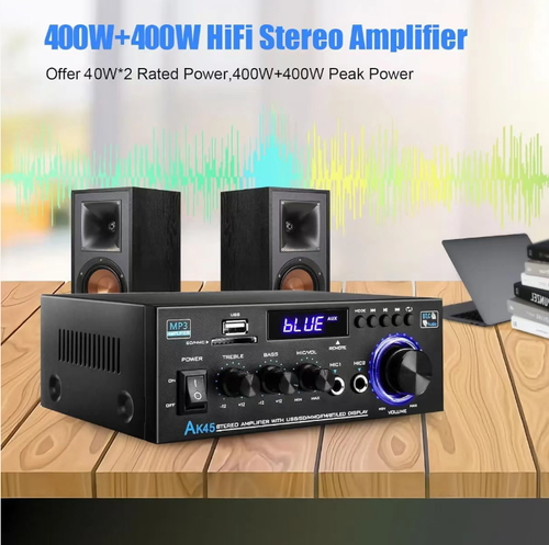 Dual-channel Bluetooth power amplifier, supporting Bluetooth USB, TF card, FM radio multi-mode playback, dual microphone interface, independent adjustment of high and low frequencies, digital screen display. The metal body is conducive to heat dissipation, compatible with passive speakers, suitable for home use, shops, and small outdoor scenarios, and can be used to build a simple audio system. It is a practical audio device for building a small audio system.