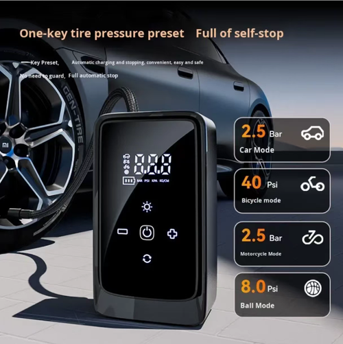 This mini car-mounted wireless inflation pump features a digital display and lighting. It can preset tire pressure and automatically stops when it reaches the target value. It comes with multiple air nozzles, which can be used for inflating tires, balls, etc. It is equipped with a charging cable and a storage bag. It is small and portable, suitable for emergency tire inflation during travel. It adds convenience to your journey.