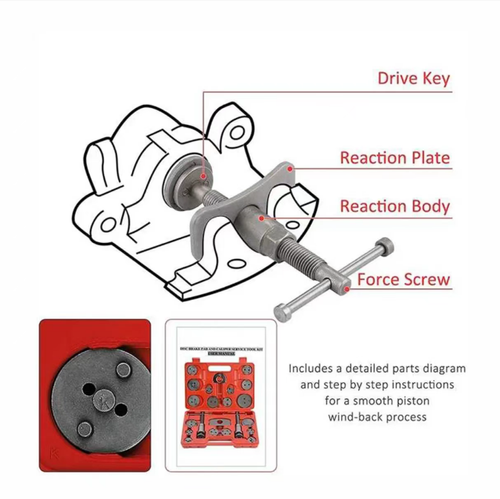 22 sets of brake booster return tool kits, equipped with a hard storage toolbox. Various specifications of top plates are compatible with most family cars. They are used to rotate and reset the piston of the booster when replacing the brake pads, ensuring uniform force application. Brake maintenance has certain requirements and it is recommended to leave it to professionals if you are not familiar with it. Clean and store them after use.