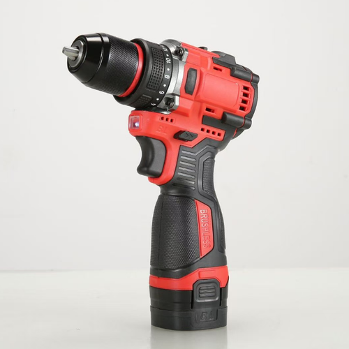 Red brushless lithium battery electric drill, two-electricity-one-charging set, multiple torque settings, dual-speed adjustment. One machine can drill holes and tighten screws. The anti-slip handle is equipped with a working lighting lamp. Two batteries can be used alternately. Suitable for furniture assembly and home repairs. Take protective measures during operation, clean up debris after use, dry and store.