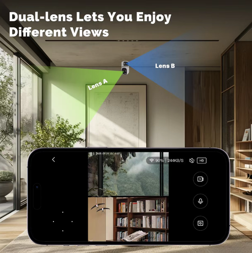 Indoor dual-camera WiFi intelligent surveillance camera, with dual lenses supporting three-screen display, pan-tilt rotation function, and full-color night vision. It features person detection alert, two-way voice communication, remote viewing of the screen via mobile phone, and can be placed or wall-mounted for installation. It is an intelligent surveillance device suitable for indoor home care and store security.