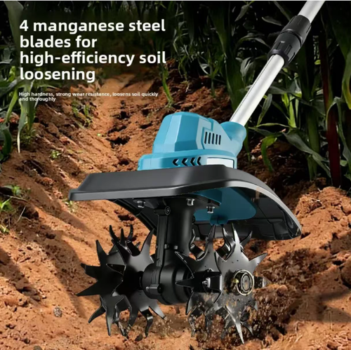 Lithium battery small micro-tilting plow, four manganese steel blades, thickened mud guard, with ventilation holes. The telescopic rod can be adjusted, the entire machine can be folded for storage. It is driven by wireless lithium battery. Suitable for turning and preparing soil in small garden vegetable plots. Before use, remove hard objects from the plot, take appropriate protective measures during operation, and clean the soil promptly after use.