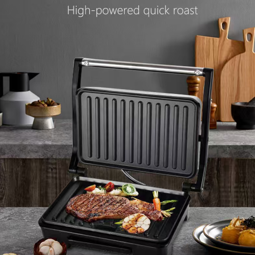 This household multi-functional pan-fry and bake breakfast machine supports 180-degree flattening. It can be used for pressing and baking paninis and frying steaks. The non-stick frying pan is equipped with a drip-catching structure and a heat-resistant handle. It can switch between pressing and baking modes with two pans, suitable for making simple breakfast meals. After cooling, it can be cleaned to avoid scratches on the coating by hard objects.