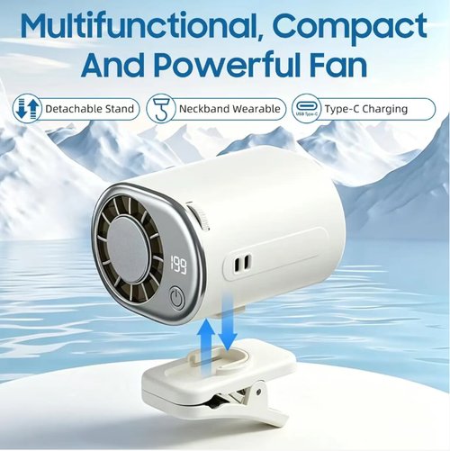 The semiconductor cooling fan with 199 levels of variable speed offers a smooth and refreshing high-speed airflow. It is equipped with a digital display for one-touch operation. The fan can be placed in three ways: hanging, standing upright, or lying flat. The swivel head can freely adjust the angle. The built-in rechargeable battery supports fast charging. The device is compact, quiet and portable, suitable for various scenarios such as desktop, baby carriage, camping and vehicle use.