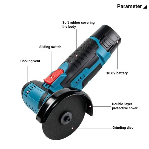 3-inch lithium battery mini angle grinder kit, with handheld wireless design, can be used for cutting, polishing, rust removal, and tile grouting. It comes with a battery, charger, cutting disc, wrench, and storage toolbox. The body is small and convenient for operations in narrow spaces. The battery is a consumable part. Please make sure to install a protective cover, take proper precautions, store it in a dry place, and it is suitable for home DIY.