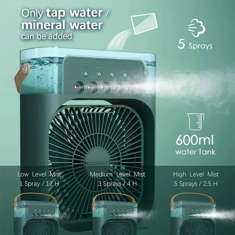 3 In 1 Air Conditioner Fan, Mini Evaporative Air Cooler with Night Light, Mist Fan Cooler, Cooling Fan with 600ml Water Tank (Support Mobile Power Supply Used Together)