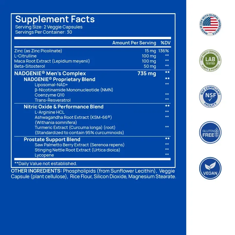 Selerb NAD+ Supplement for Men with NMN - Liposomal Complex with Trans-Resveratrol, CoQ10, Maca & Ashwagandha - Supports Cellular Renewal, Energy & Performance - 60 Capsules Dietary Healthcare Vitamins