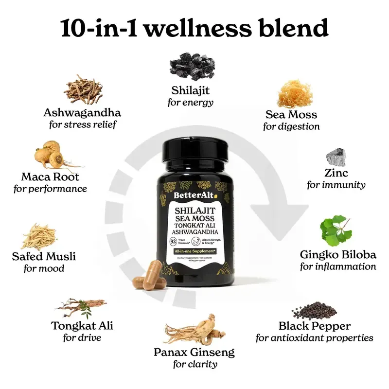 Men's essential BetterAlt GOLD+ Shilajit, Ashwagandha & Sea Moss Capsules | Lab-Tested for Purity | Helps Boost Energy & Immunity