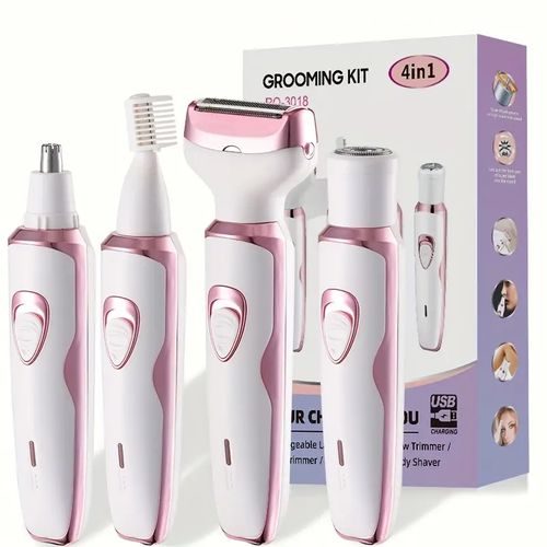 4-in-1 Rechargeable Grooming Kit, Lady Electric Shaver for Face, Nose, Legs and Underarm, Bikini Trimmer for Women Painless