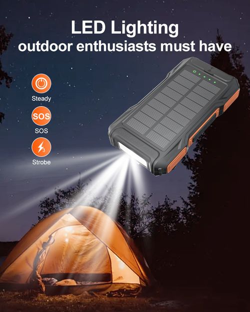 10000mAh Solar Hand Crank Power Bank, Portable External Battery with LED Light Compass for Mobile Phone