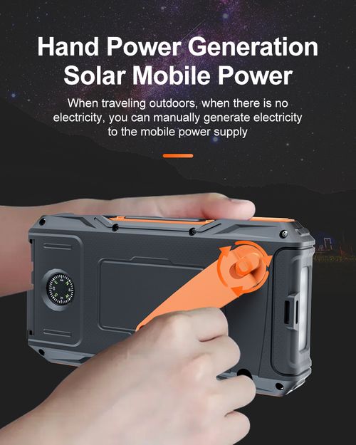 10000mAh Solar Hand Crank Power Bank, Portable External Battery with LED Light Compass for Mobile Phone