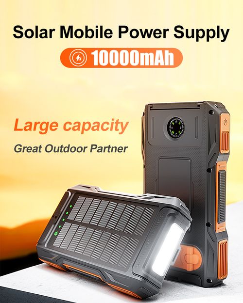 10000mAh Solar Hand Crank Power Bank, Portable External Battery with LED Light Compass for Mobile Phone