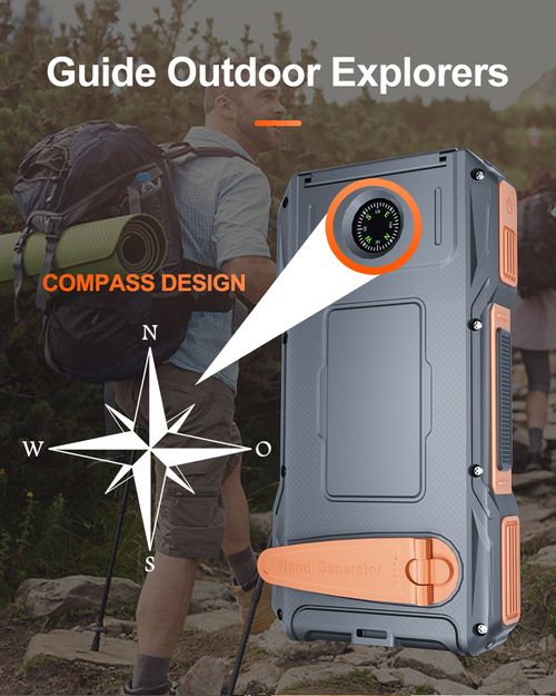 10000mAh Solar Hand Crank Power Bank, Portable External Battery with LED Light Compass for Mobile Phone