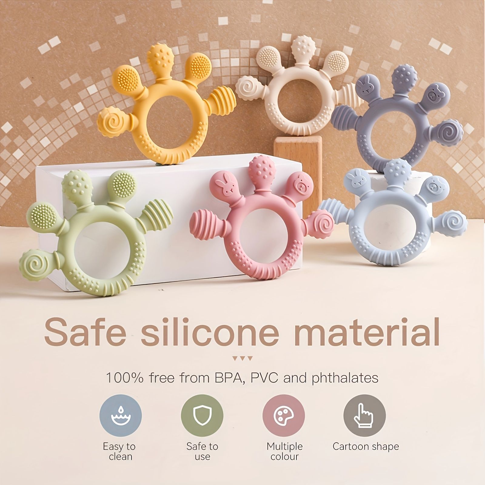 6PCS Baby Teething Toy, Food-Grade Silicone Teether Ring, BPA-Free Textured Teething Relief Toy for Infants, Chewable Sensory Teether for Newborns, Toddlers (Multiple Colors)