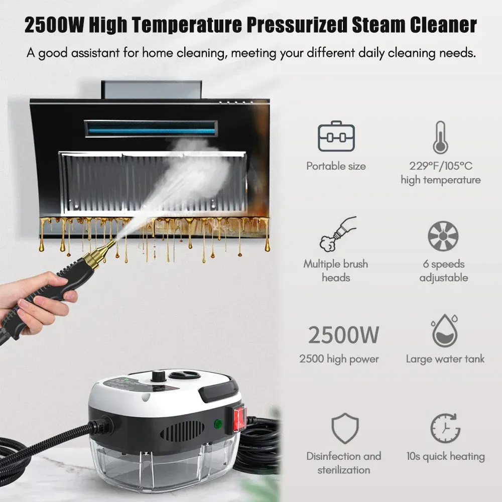 2500W Portable Handheld Steam Cleaner High Temperature Pressurized Steam Cleaning Machine with Brush Heads