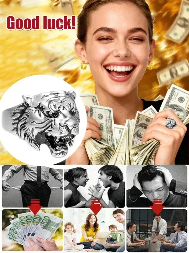 King of Beasts: 2-Piece Men's Bold Gold Tiger-Head Ring