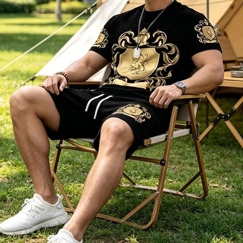 Men's Gold Crest Print T-Shirt & Shorts Set