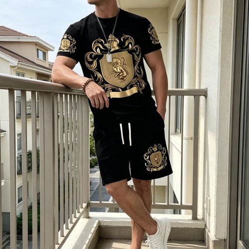 Men's Gold Crest Print T-Shirt & Shorts Set