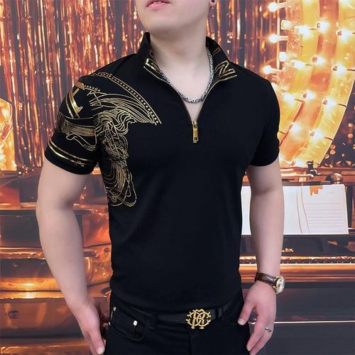 Summer Trend Printed GildingStand CollarMen's Short Sleeve Pullovers Fashion All-match Office Lady Hoodies Tops