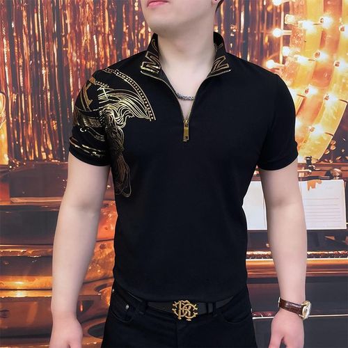 Summer Trend Printed GildingStand CollarMen's Short Sleeve Pullovers Fashion All-match Office Lady Hoodies Tops