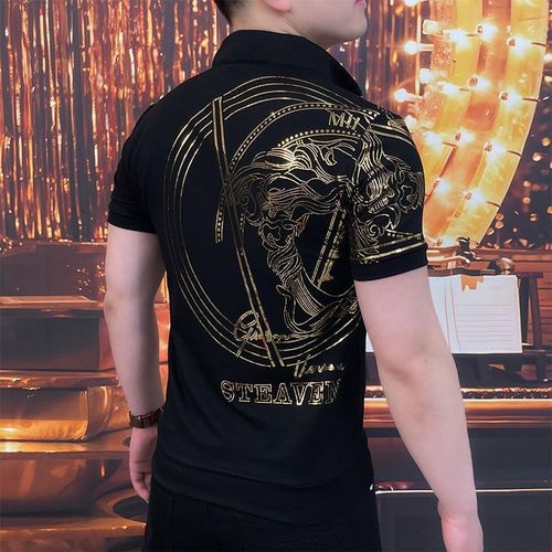 Summer Trend Printed GildingStand CollarMen's Short Sleeve Pullovers Fashion All-match Office Lady Hoodies Tops