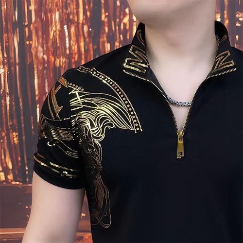 Summer Trend Printed GildingStand CollarMen's Short Sleeve Pullovers Fashion All-match Office Lady Hoodies Tops