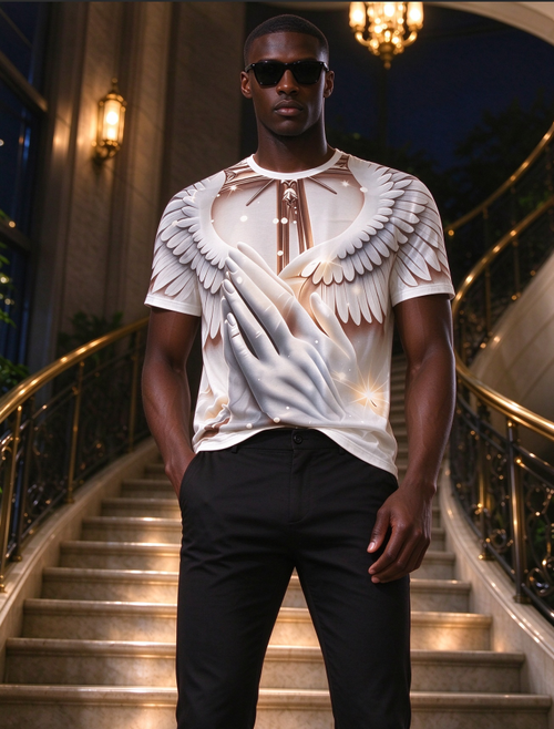 Christian Angel Wings Praying Hands 3D Print T-Shirt, Religious Faith Casual Oversized Tee