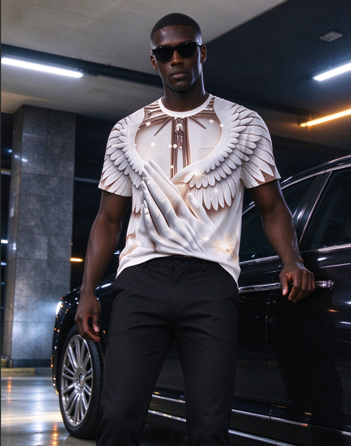 Christian Angel Wings Praying Hands 3D Print T-Shirt, Religious Faith Casual Oversized Tee
