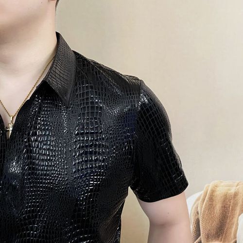 Stylish High-Lustre Short-Sleeve Sequin Ice-Silk Shirt