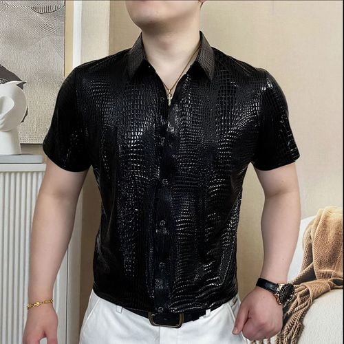 Stylish High-Lustre Short-Sleeve Sequin Ice-Silk Shirt
