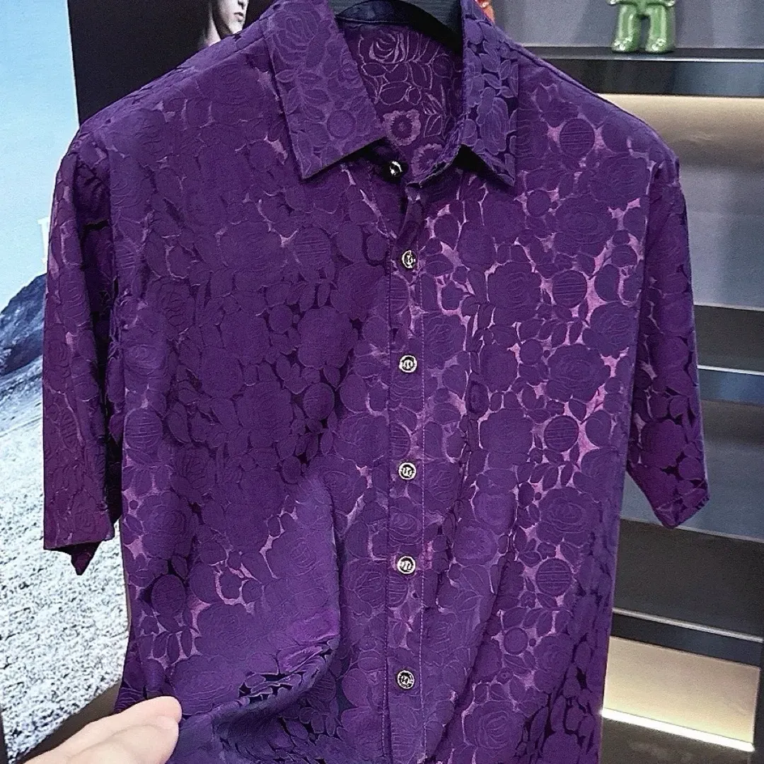 Summer New Fashionable Men's Short Sleeve Printed Shirt Thin Luxury Casual Half Sleeve Thin European Style Polyester Fabric