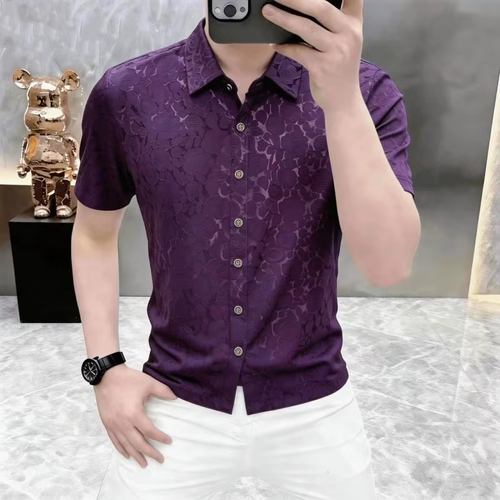 Summer New Fashionable Men's Short Sleeve Printed Shirt Thin Luxury Casual Half Sleeve Thin European Style Polyester Fabric