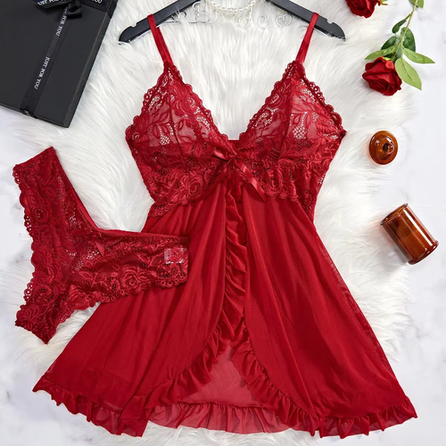 Deep V Slip Dress Lace Alluring Bra And Underpants Set Nightgown Ruffle Dress Lingerie Womens Sexy Babydolls Underwear