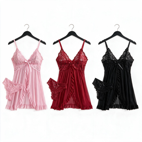 Deep V Slip Dress Lace Alluring Bra And Underpants Set Nightgown Ruffle Dress Lingerie Womens Sexy Babydolls Underwear