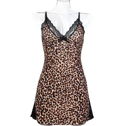 2pcs Women Sexy Leopard Print Nightgown Butterfly Lace Trim Deep V Halter Backless High Split Mesh Sleep Dress Lingerie