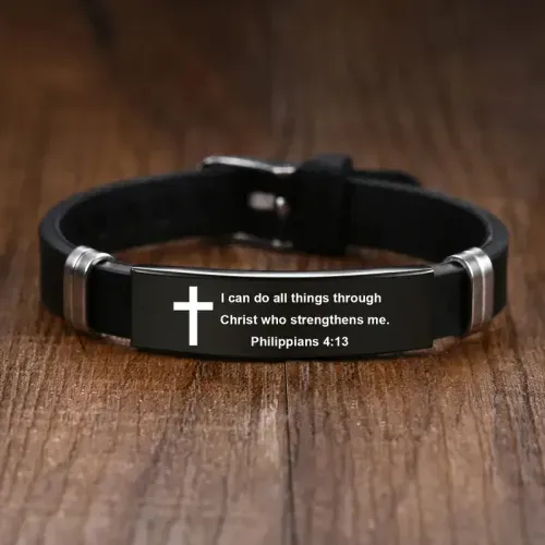 Christian Cross Bible Verse Bracelet Black Stainless Steel Inspirational Faith Bracelets For Men Women Jewelry