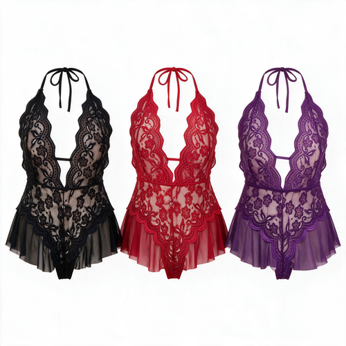 3pcs Sexy Lingerie Women Porno Pajamas Plus Size Babydoll Erotic Sheer Crotchless Nightdress  Temptation Lenceria Night Dress