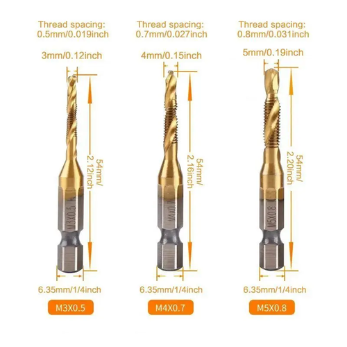 3 In 1 Spiral Tap Hex Shank Drill Bit Set,M3 M4 M5 M6 M8 M10 Drill Bits High Speed Steel,Professional Drill Accessories For Woodworking,Power Tool Accessories, Heavy Duty,Hardware, Cutting, Metal, Durable.
