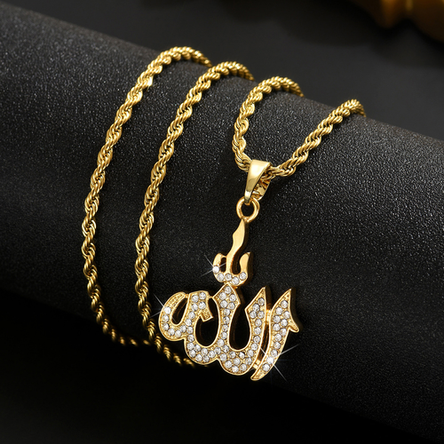18k Gold Allah Jewelry Totem 316L Stainless Steel Zircon Mantra Pendant Gold Silver Round Pendent Men Female Necklace