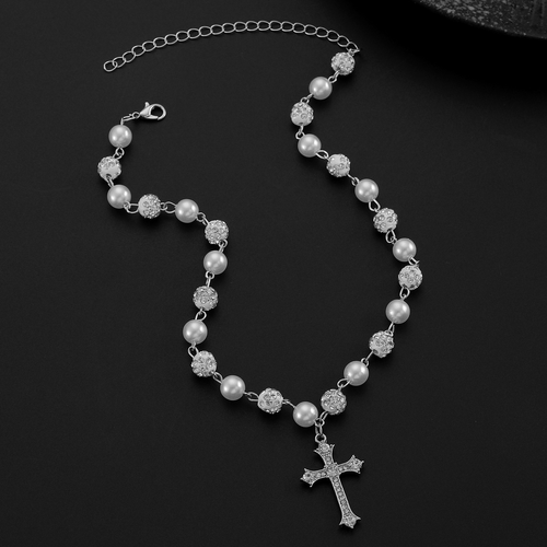 Trendy Inlay Rhinestone Shiny Disco Ball Beaded Cross Necklace for Men Charms Male Imitated Pearl Necklace Fashion Jewelry Gifts