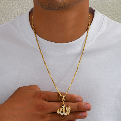 18k Gold Allah Jewelry Totem 316L Stainless Steel Zircon Mantra Pendant Gold Silver Round Pendent Men Female Necklace